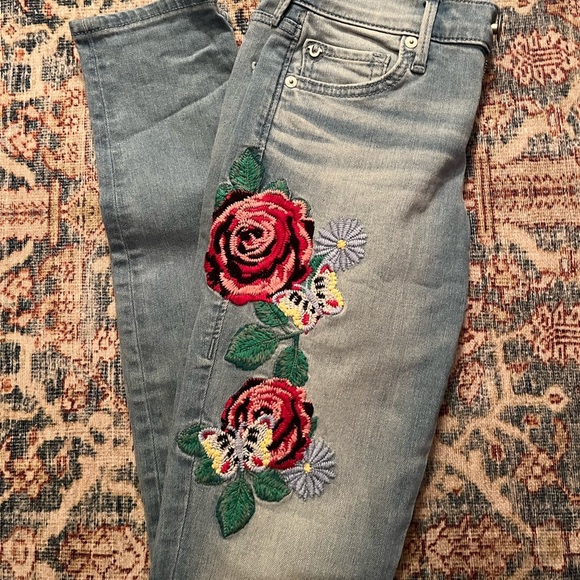 True Religion Women's Skinny Jeans - Blue with Red Floral Embroidery - Picture 5 of 14